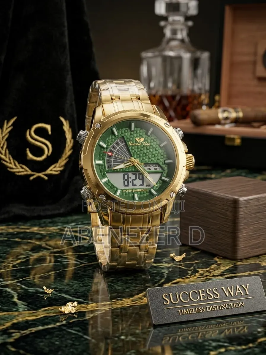 Gold-Toned Success Way Dual-Display Analog-Digital Watch With a Green