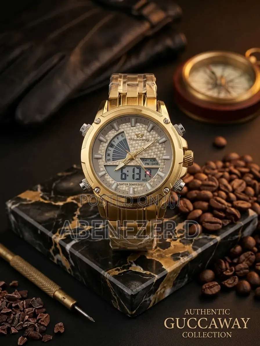 Gold-Toned Success Way Dual-Display Analog-Digital Watch With a Silver