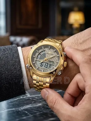 Gold-Toned Success Way Dual-Display Analog-Digital Watch With a Silver