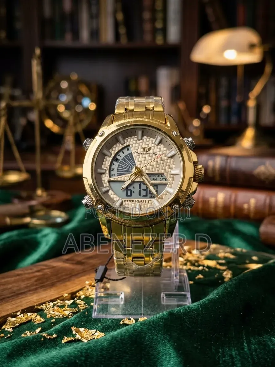 Gold-Toned Success Way Dual-Display Analog-Digital Watch With a Silver