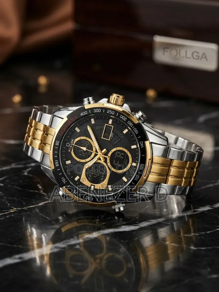 Quartz Sports Watches Black Dial and a Gold-and-Silver Stainless Steel