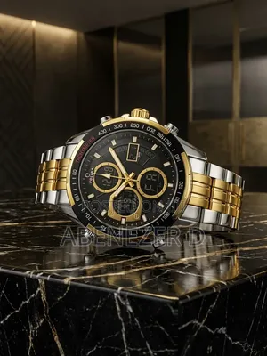 Quartz Sports Watches Black Dial and a Gold-and-Silver Stainless Steel