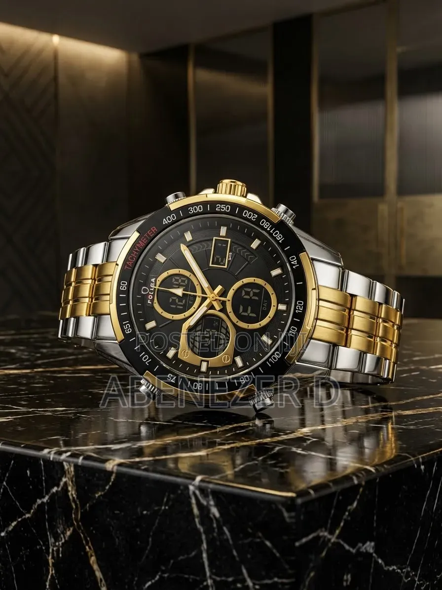 Quartz Sports Watches Black Dial and a Gold-and-Silver Stainless Steel