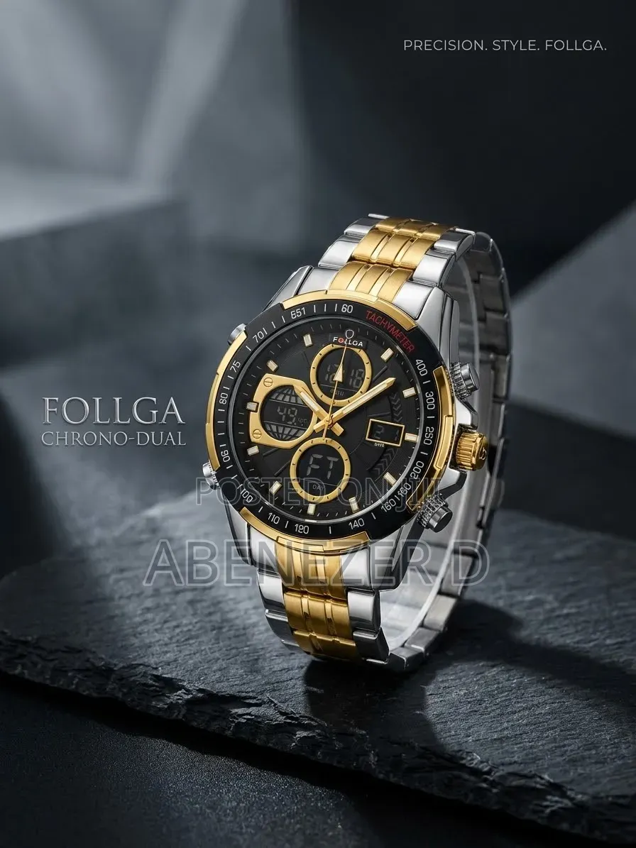 Quartz Sports Watches Black Dial and a Gold-and-Silver Stainless Steel