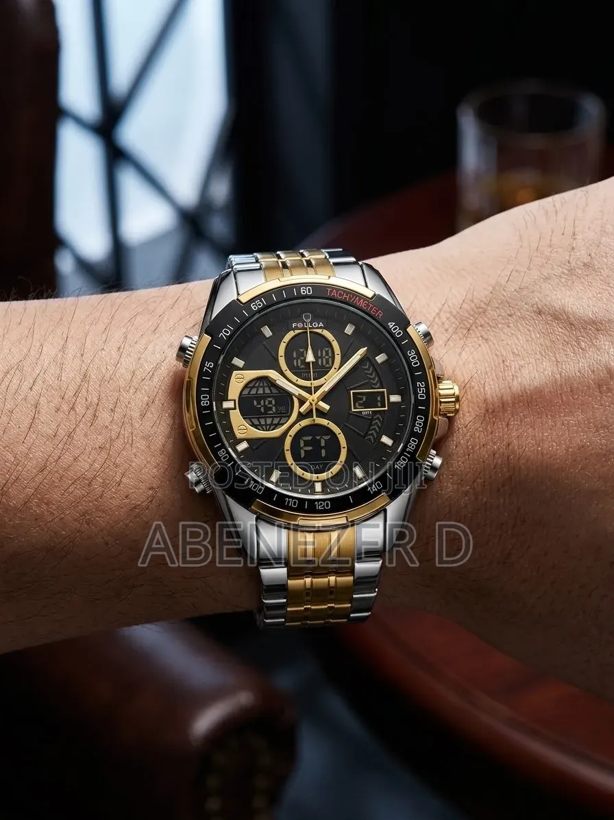 Quartz Sports Watches Black Dial and a Gold-and-Silver Stainless Steel