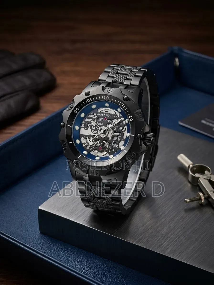 Kamri Watch Men's Skeleton-Style Wristwatch Featuring Black Stainless