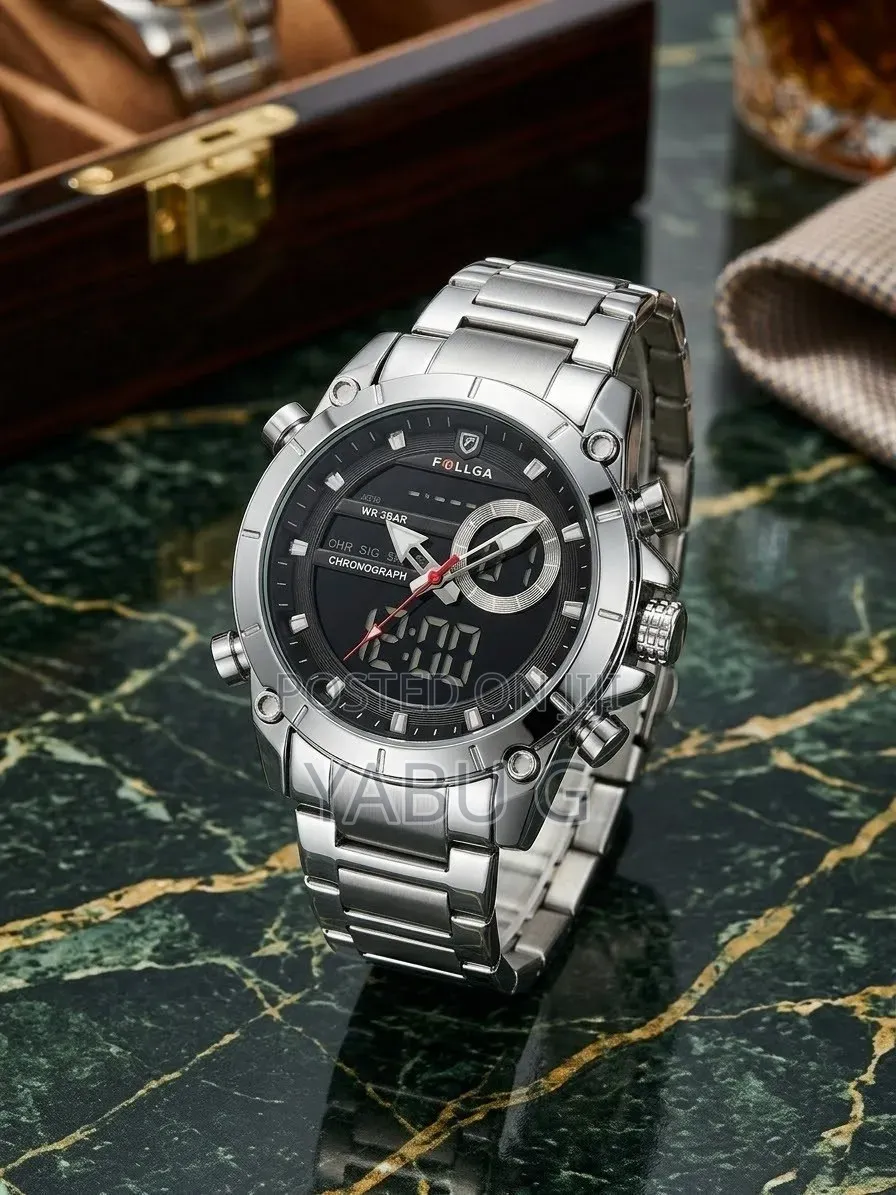 FOLLGA Black Silver-Toned Men's Dual-Display Wristwatch