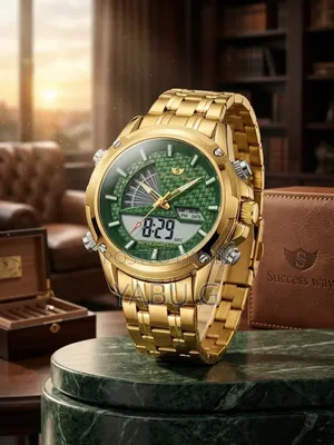Success Way Gold-Toned Men's Dual-Display (Analog and Digital)