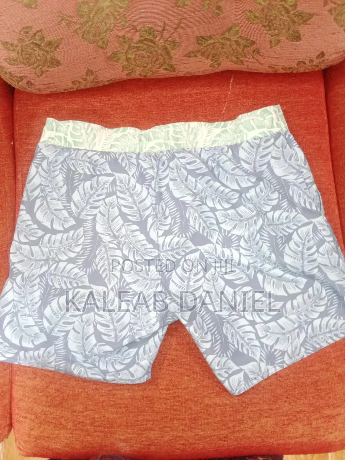 Swim Shorts Short Blue-Gray Swim Trunks With a Tropical Leaf Print