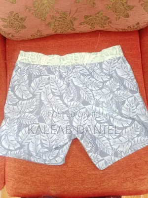 Swim Shorts Short Blue-Gray Swim Trunks With a Tropical Leaf Print