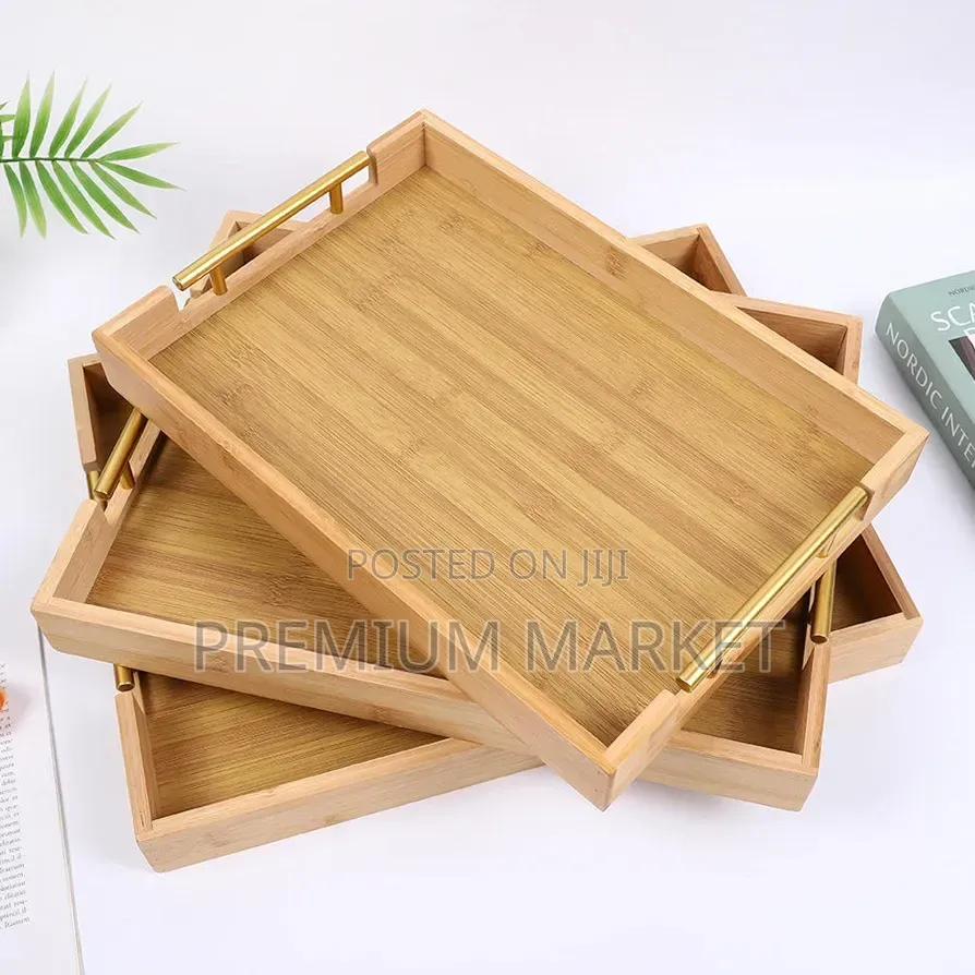 Serving Trays Bamboo With Gold Handles Set of 3 እንጨት ሰርቪስ ባለ 3