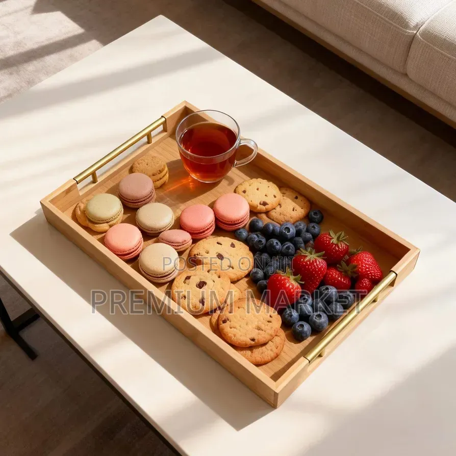 Serving Trays Bamboo With Gold Handles Set of 3 እንጨት ሰርቪስ ባለ 3