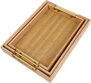 Serving Trays Bamboo With Gold Handles Set of 3 እንጨት ሰርቪስ ባለ 3