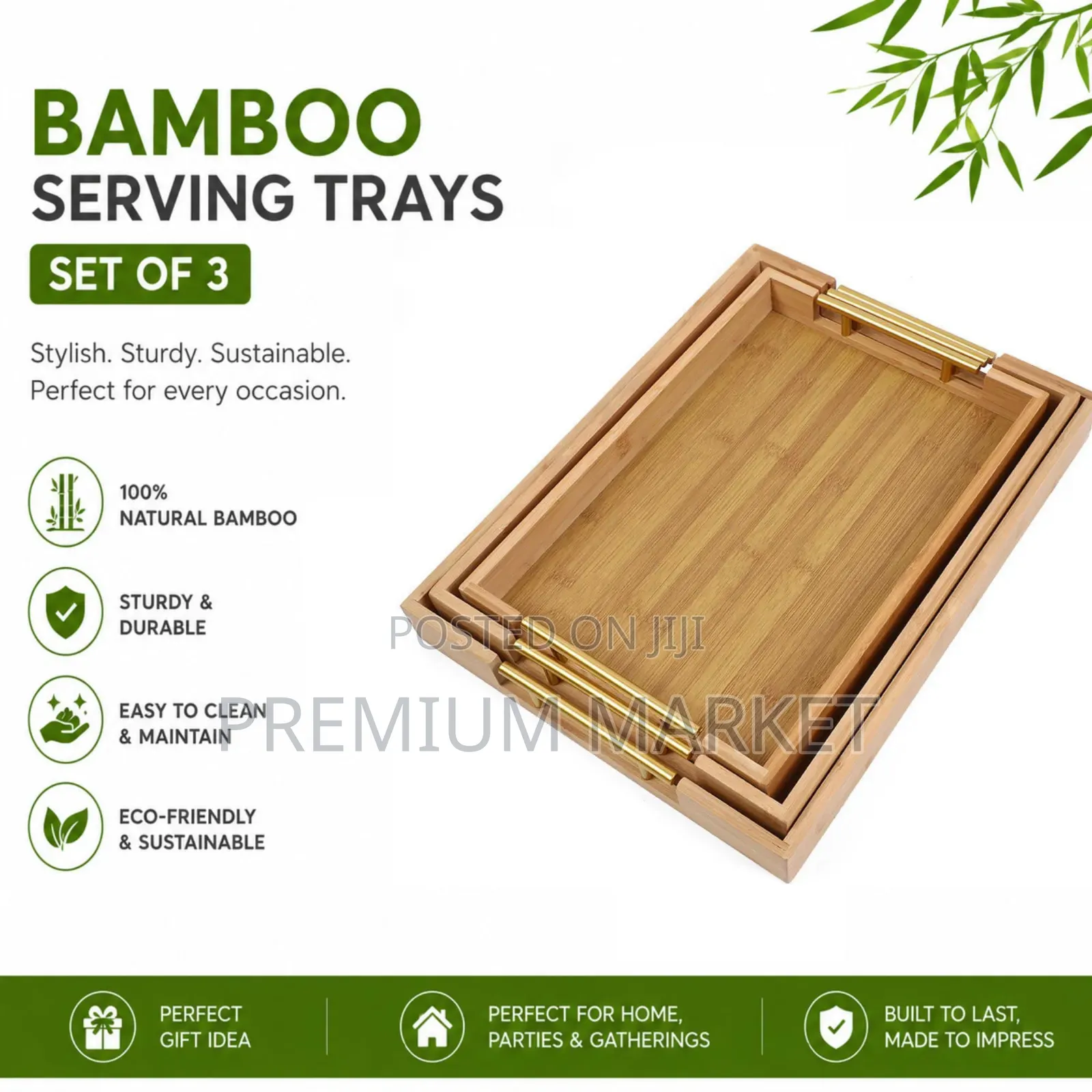 Serving Trays Bamboo With Gold Handles Set of 3 እንጨት ሰርቪስ ባለ 3