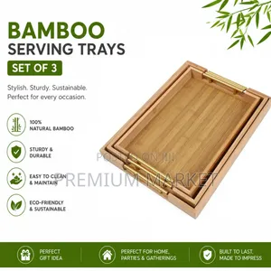 Serving Trays Bamboo With Gold Handles Set of 3 እንጨት ሰርቪስ ባለ 3