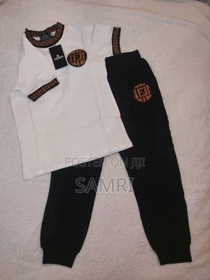 Fendi Style Kids 2-Piece Tracksuit Set (White Tee & Black Joggers)