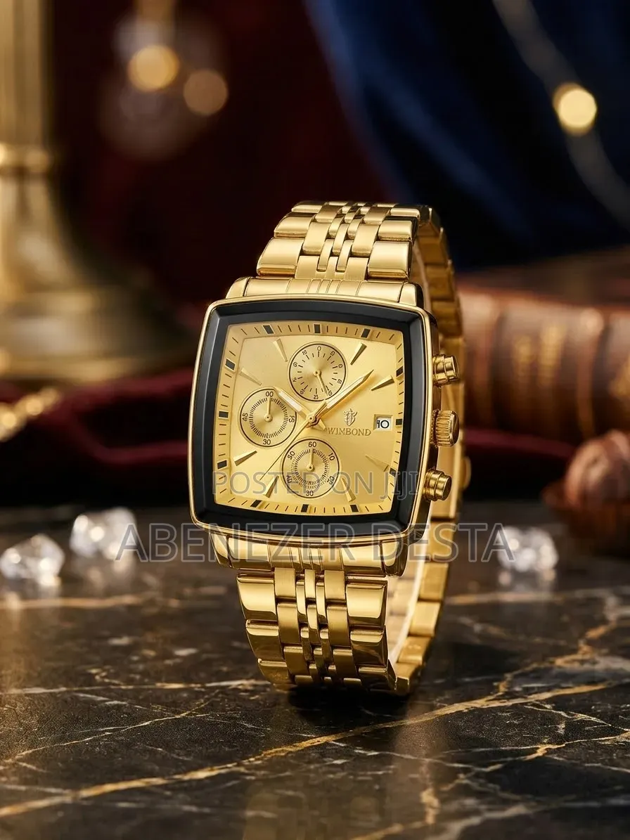 Gold-Tone BINBOND Square Men's Quartz Chronograph Watch Featuring
