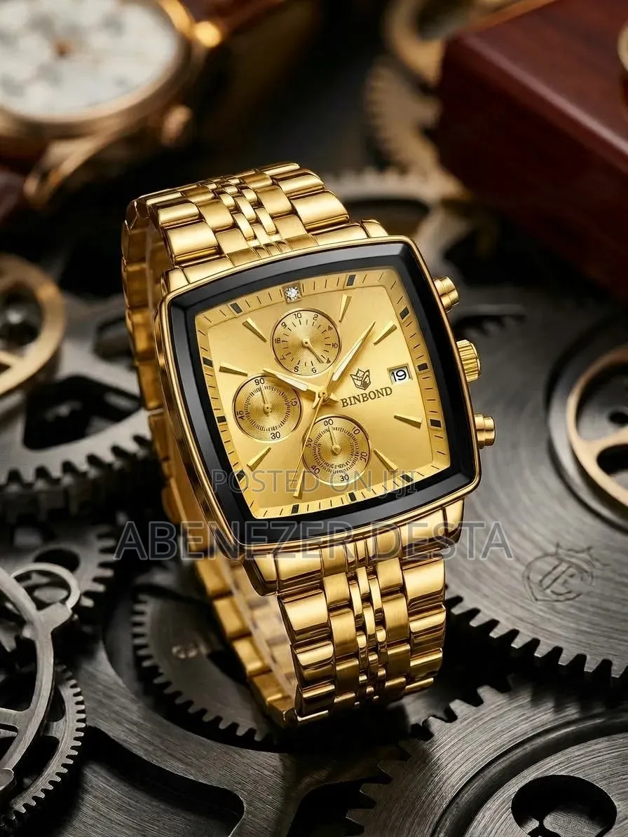 Gold-Tone BINBOND Square Men's Quartz Chronograph Watch Featuring