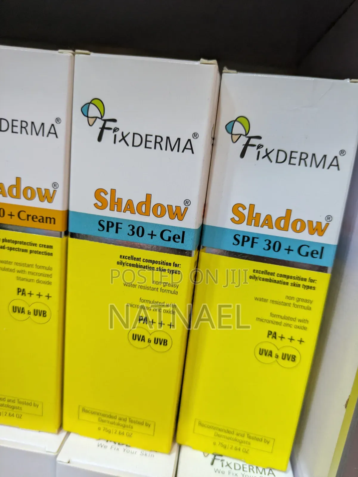 Shows Fixderma Shadow SPF 30+ Gel Sunscreen Boxes