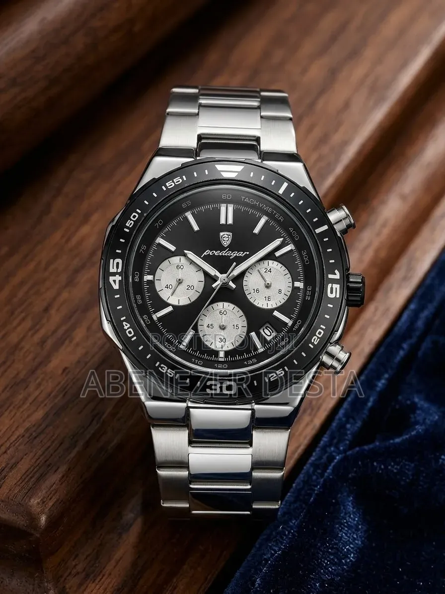 Poedagar Men Quartz Chronograph Stainless Steel Watch With Black Dial