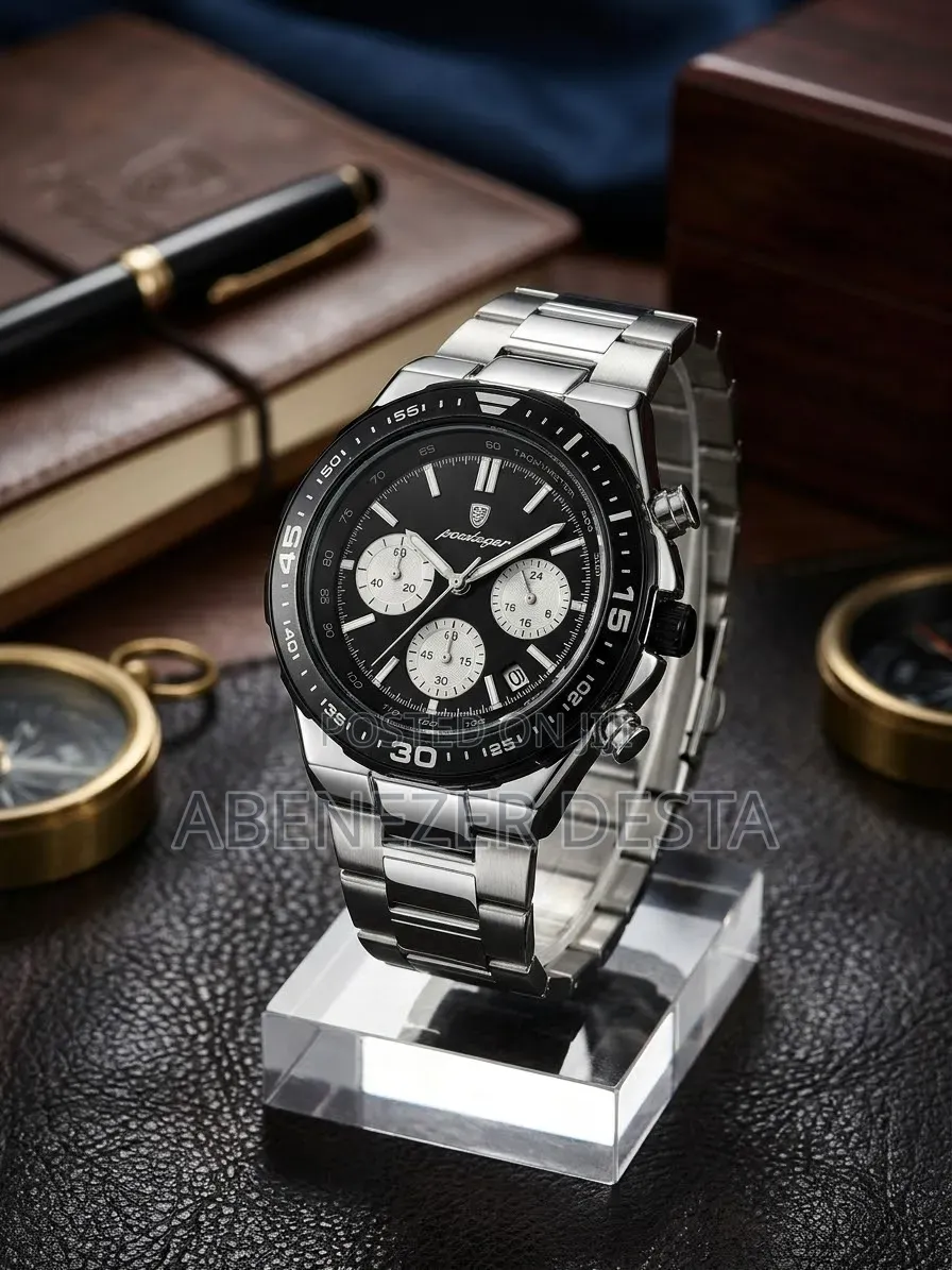 Poedagar Men Quartz Chronograph Stainless Steel Watch With Black Dial