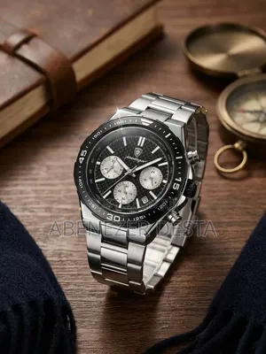 Poedagar Men Quartz Chronograph Stainless Steel Watch With Black Dial
