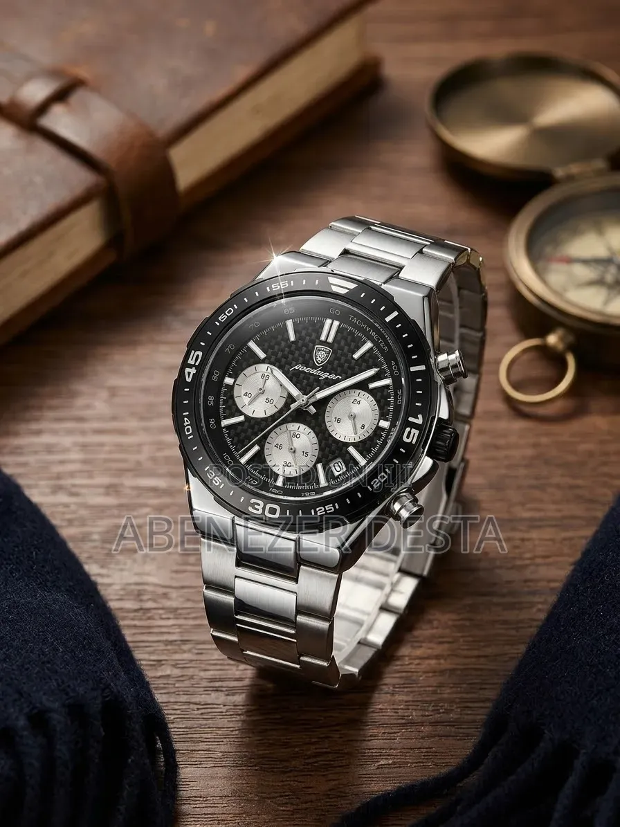Poedagar Men Quartz Chronograph Stainless Steel Watch With Black Dial