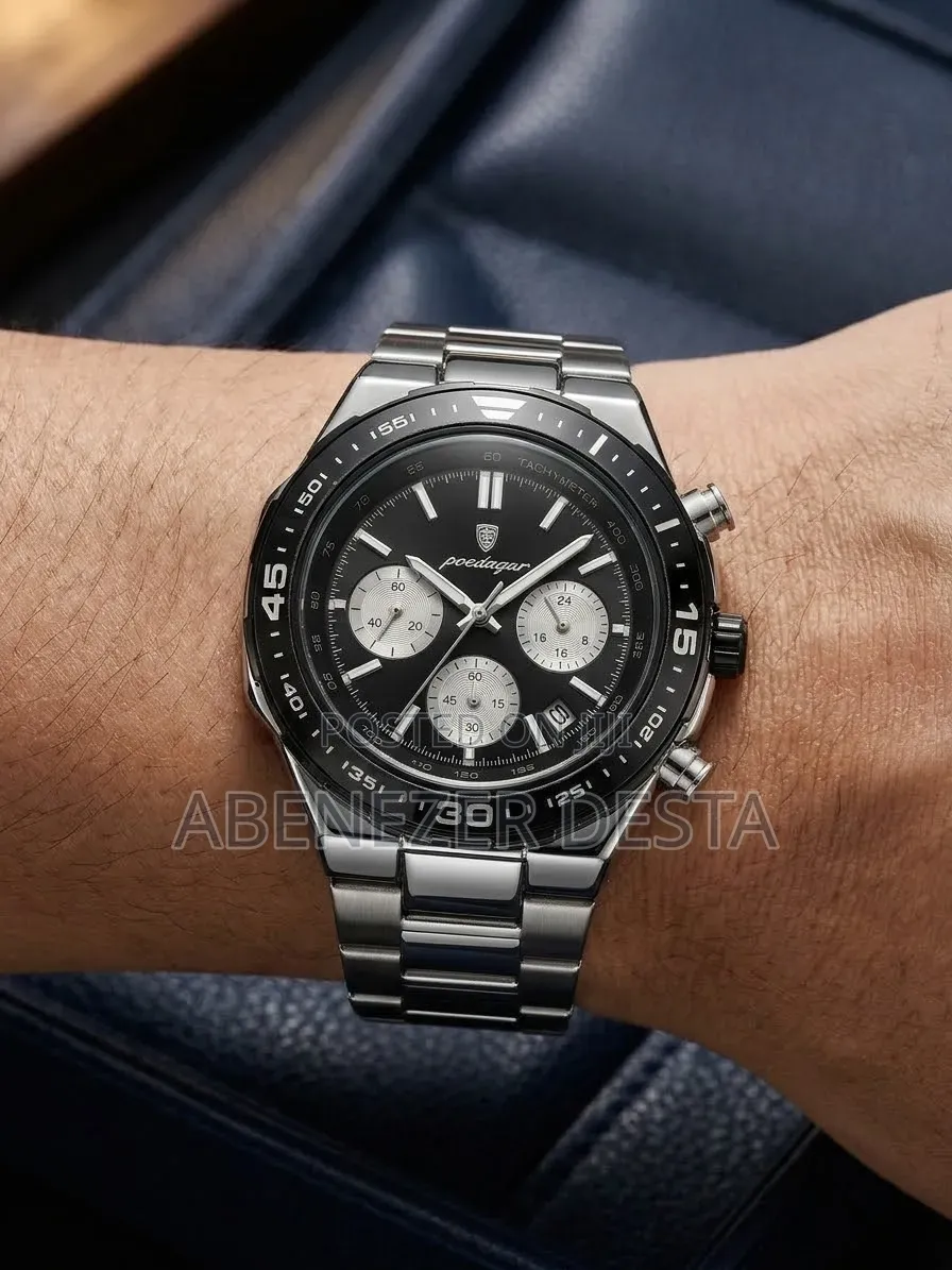Poedagar Men Quartz Chronograph Stainless Steel Watch With Black Dial