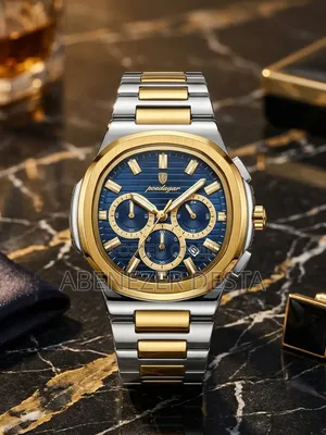 POEDAGAR Model 834 Two-Tone Chronograph Watch With a Blue Dial, Gold