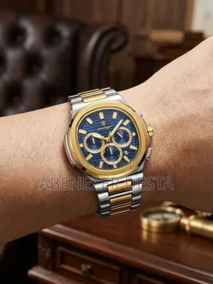 POEDAGAR Model 834 Two-Tone Chronograph Watch With a Blue Dial, Gold
