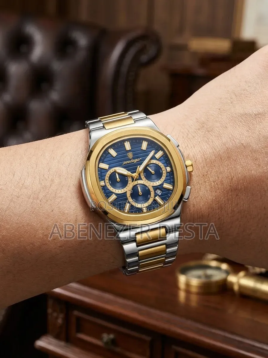 POEDAGAR Model 834 Two-Tone Chronograph Watch With a Blue Dial, Gold