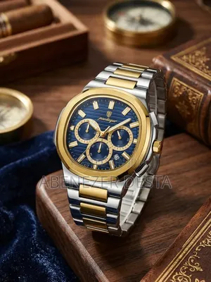 POEDAGAR Model 834 Two-Tone Chronograph Watch With a Blue Dial, Gold