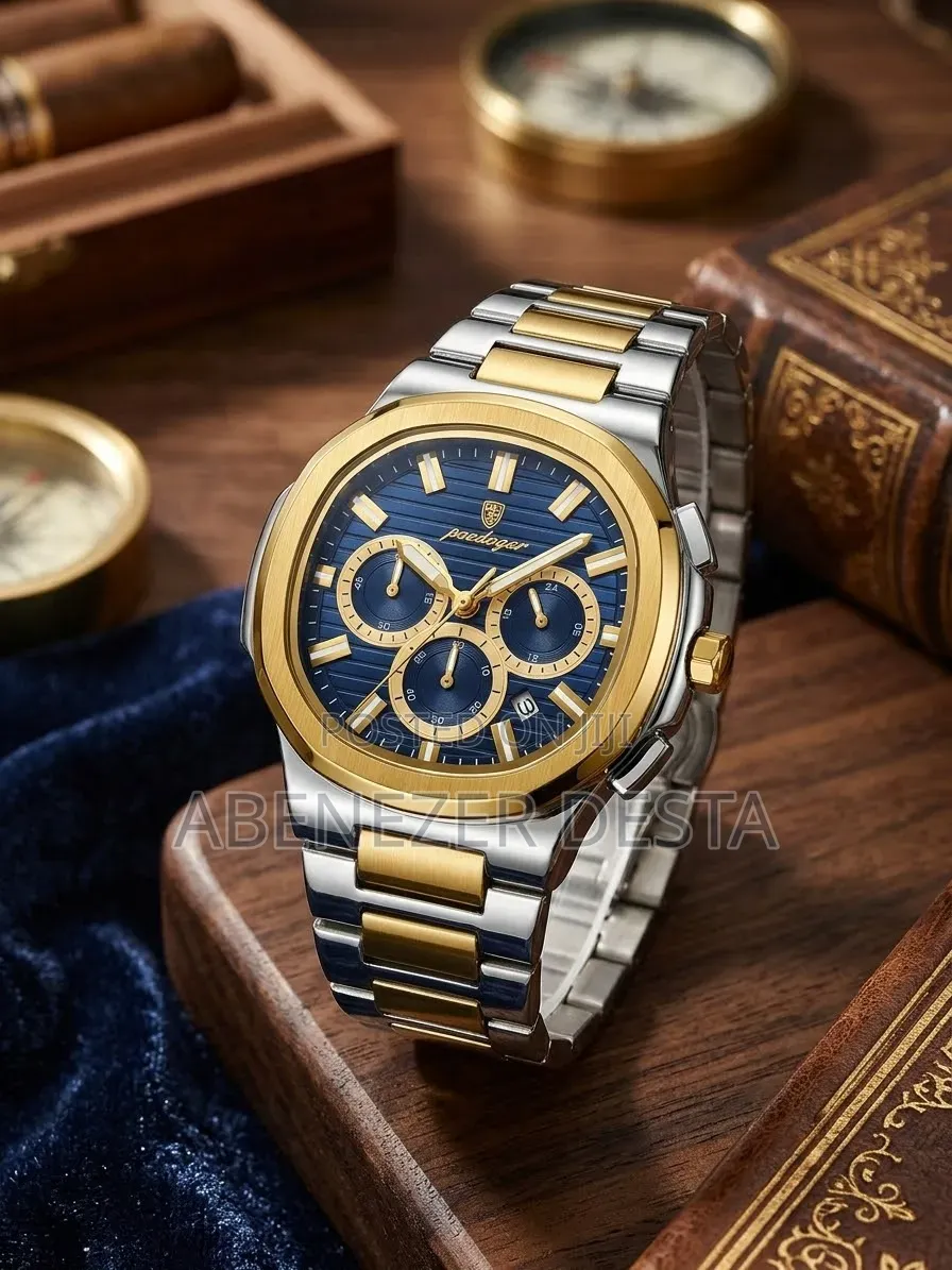 POEDAGAR Model 834 Two-Tone Chronograph Watch With a Blue Dial, Gold