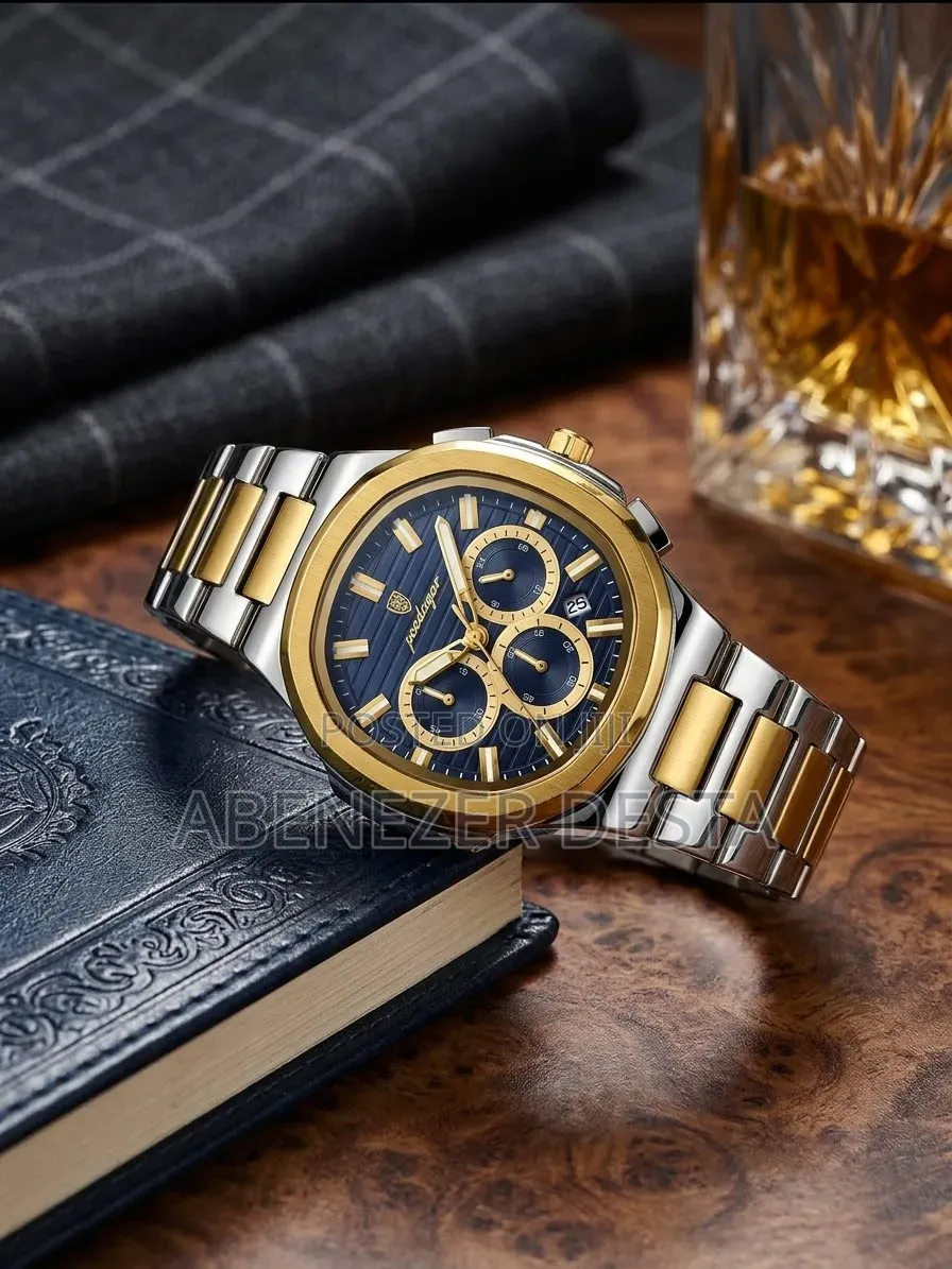 POEDAGAR Model 834 Two-Tone Chronograph Watch With a Blue Dial, Gold