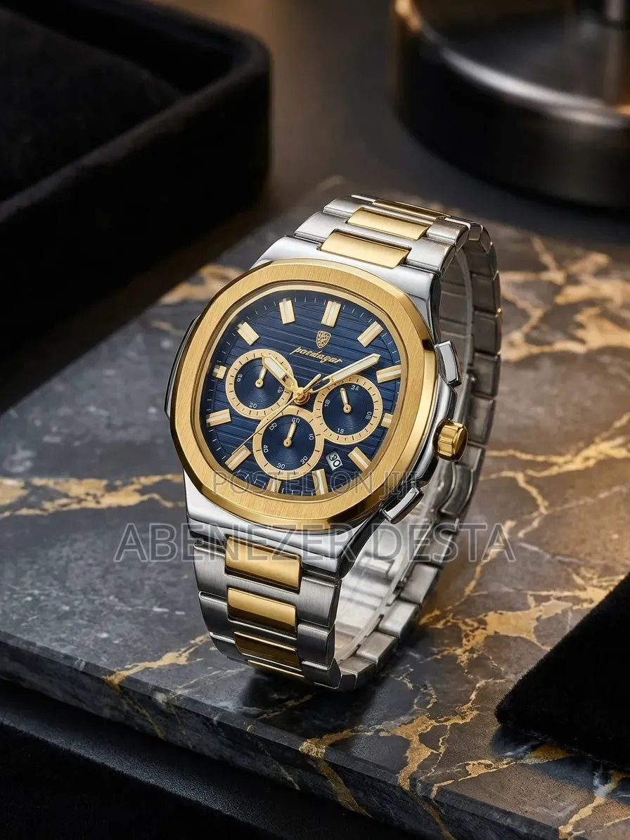 POEDAGAR Model 834 Two-Tone Chronograph Watch With a Blue Dial, Gold