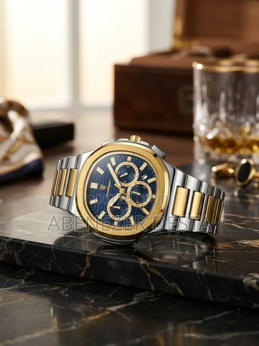 POEDAGAR Model 834 Two-Tone Chronograph Watch With a Blue Dial, Gold
