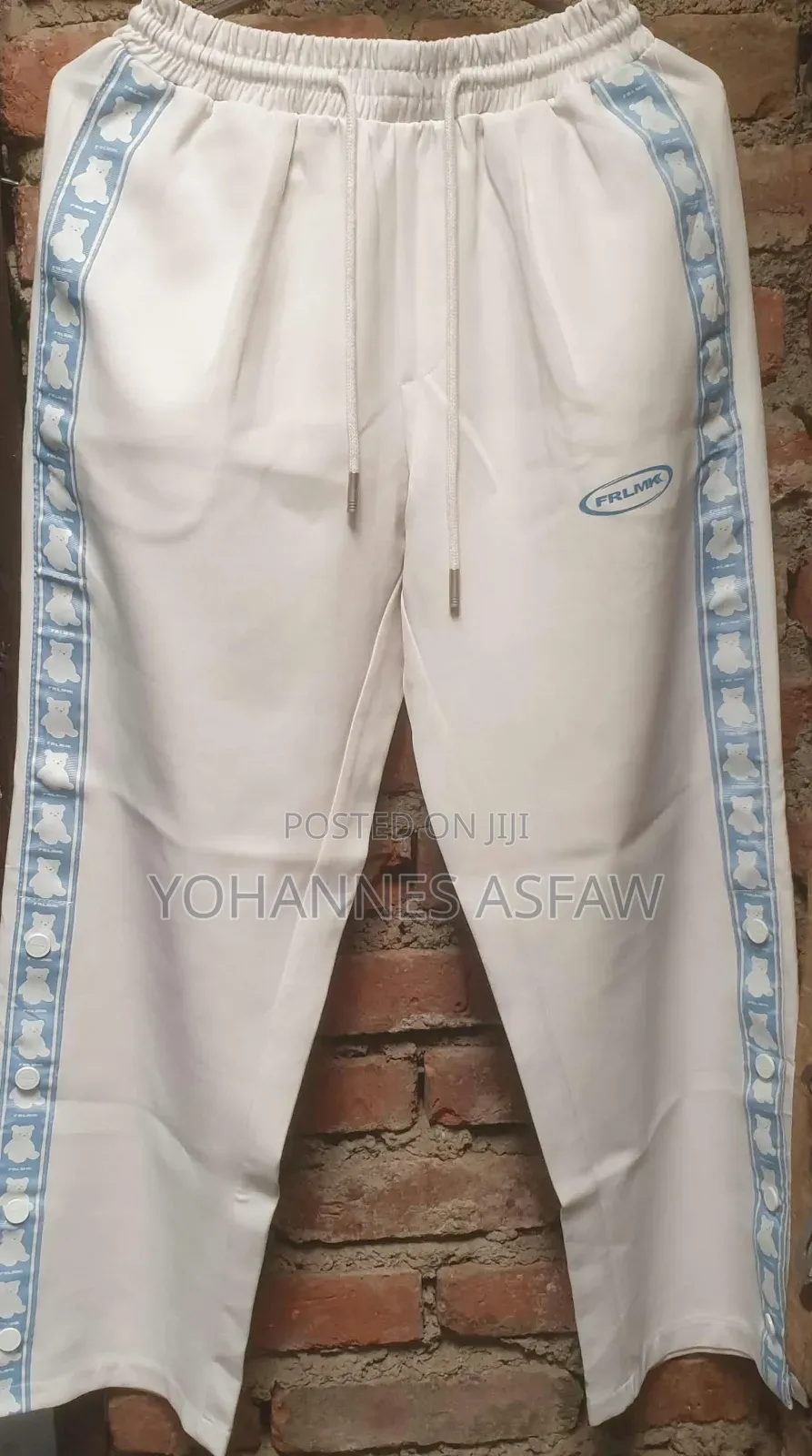 FRLMK Bear Graphic Tearaway Snap Track Pants (Cream / Light Blue)