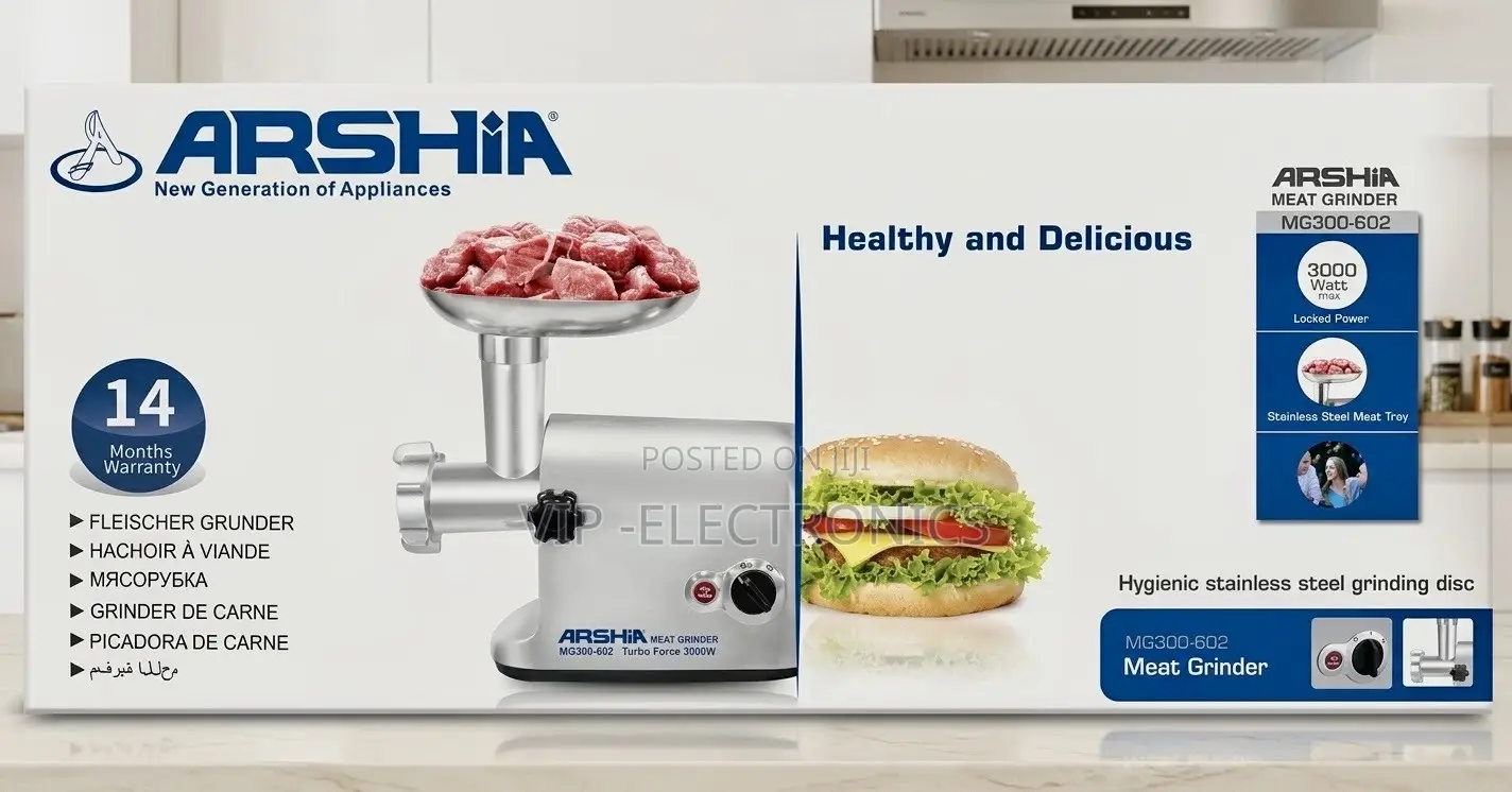 ARSHIA Meat Grinder – 3000W Max Power, Stainless Steel Tray 14 Months