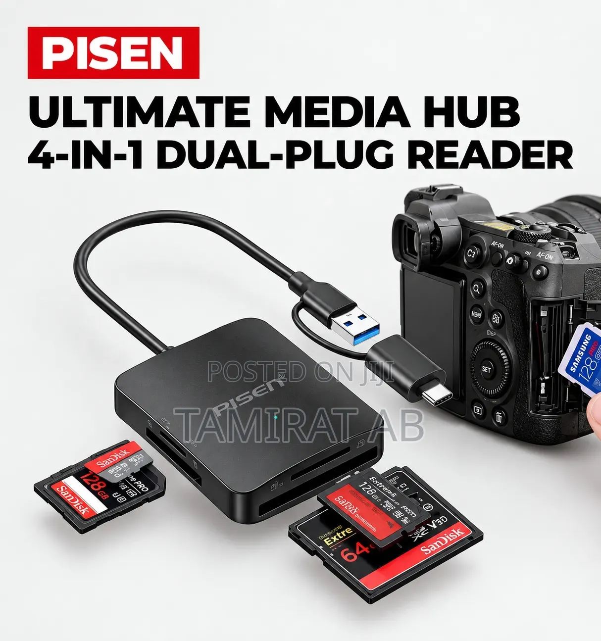 Pisen USB 3.0 4-in-1 Card Reader for Sd, Microsd/Cf/Tf/Ms + Type C