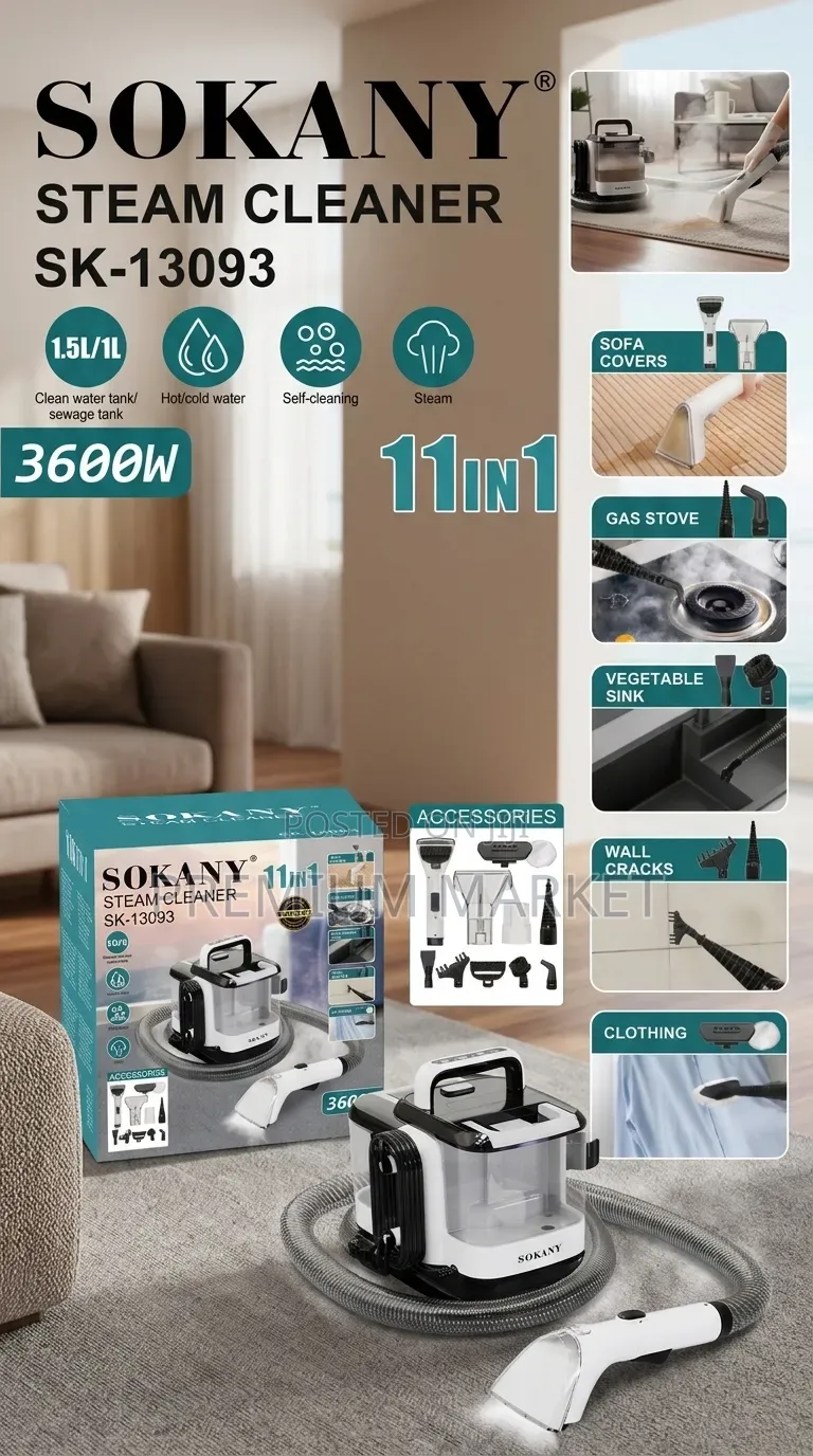 Steam and Wet/Dry Vacuum Cleaner Sokany 3600W ሶካኒ የእንፋሎት ማጽጃ