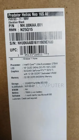 New Laptop Acer Predator Helios Neo 16 16GB Intel Core i7 SSD 512GB