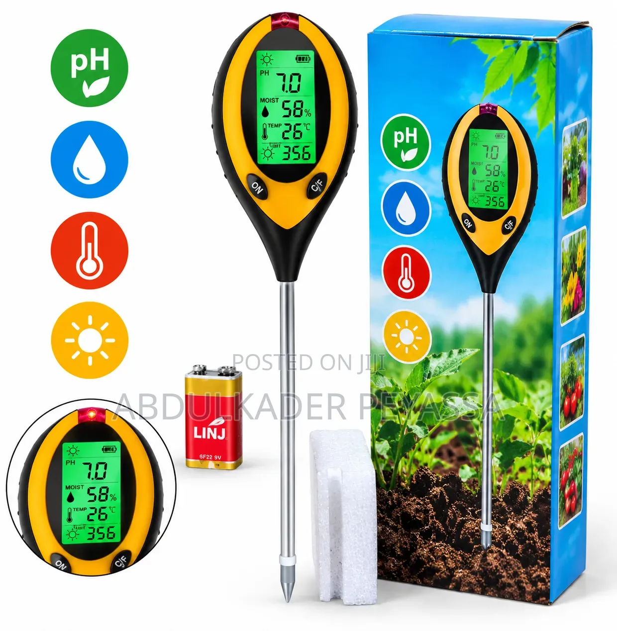 4-in-1Digital Soil Survey Meter–pH,Moisture,Temperature&Light Tester