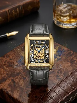 CHENXI Rectangular Skeleton Mechanical Wristwatch With a Gold-Toned Ca