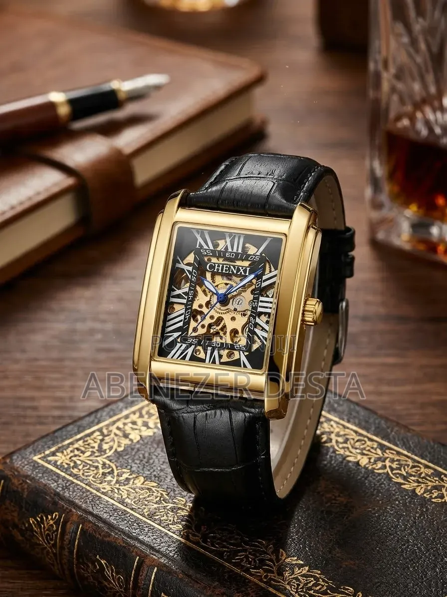 CHENXI Rectangular Skeleton Mechanical Wristwatch With a Gold-Toned Ca