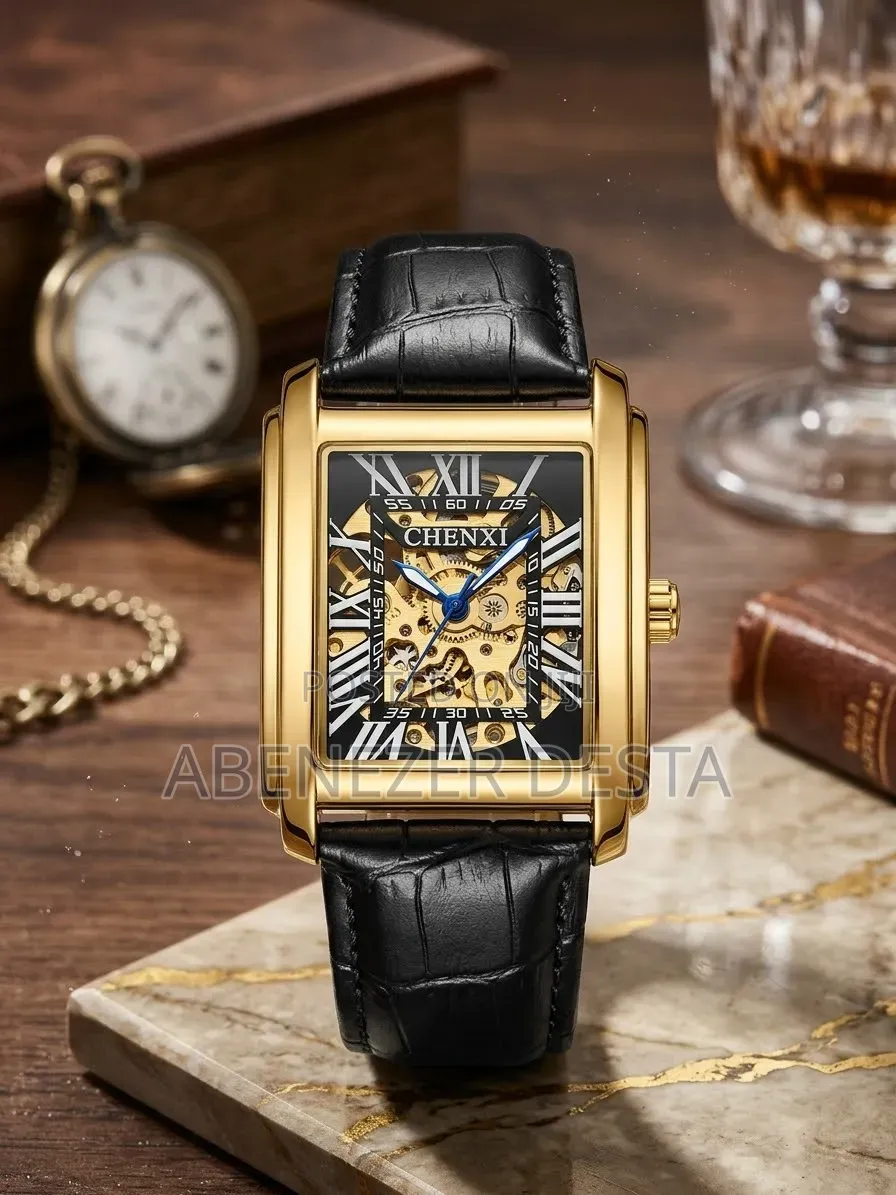 CHENXI Rectangular Skeleton Mechanical Wristwatch With a Gold-Toned Ca