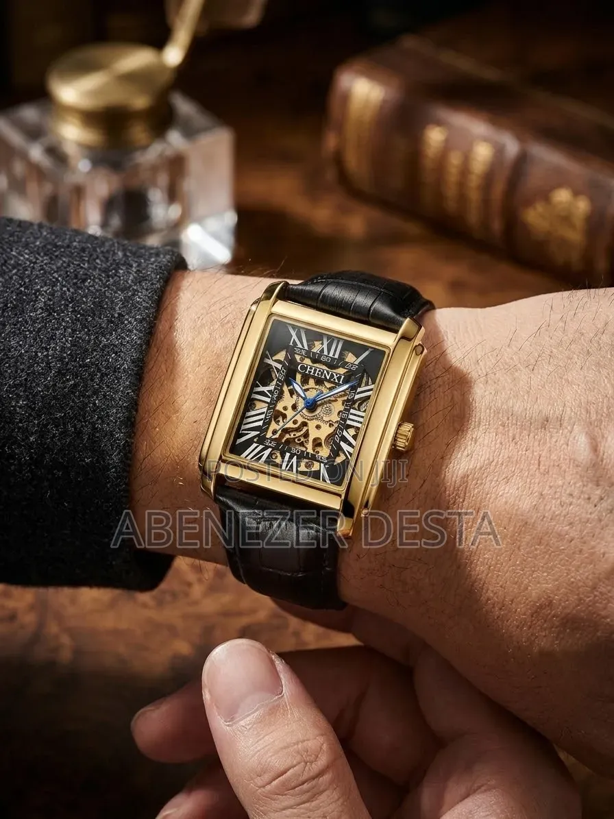 CHENXI Rectangular Skeleton Mechanical Wristwatch With a Gold-Toned Ca