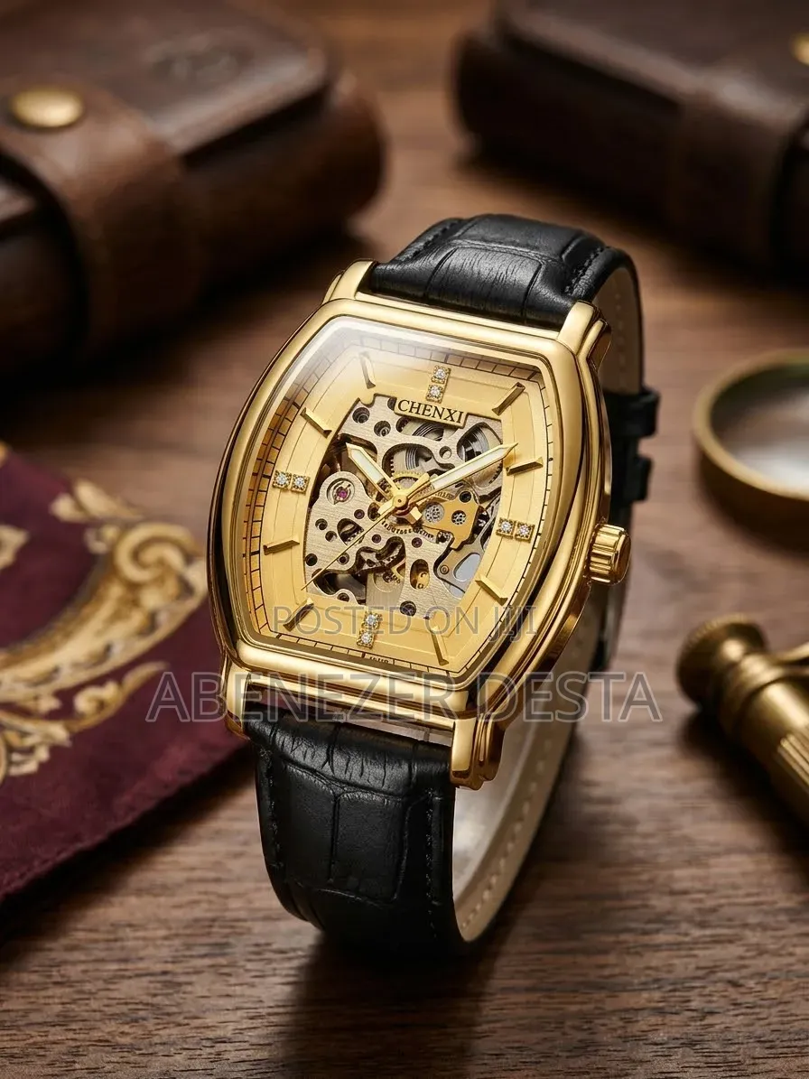 Gold-Toned CHENXI Skeleton Automatic Mechanicalmen Watch Black Leather