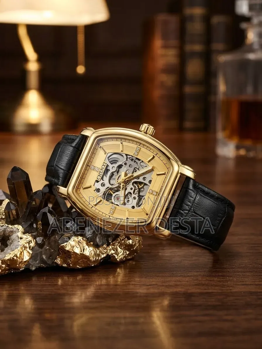 Gold-Toned CHENXI Skeleton Automatic Mechanicalmen Watch Black Leather