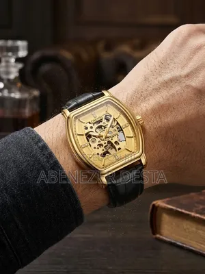 Gold-Toned CHENXI Skeleton Automatic Mechanicalmen Watch Black Leather