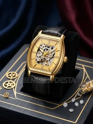 Gold-Toned CHENXI Skeleton Automatic Mechanicalmen Watch Black Leather